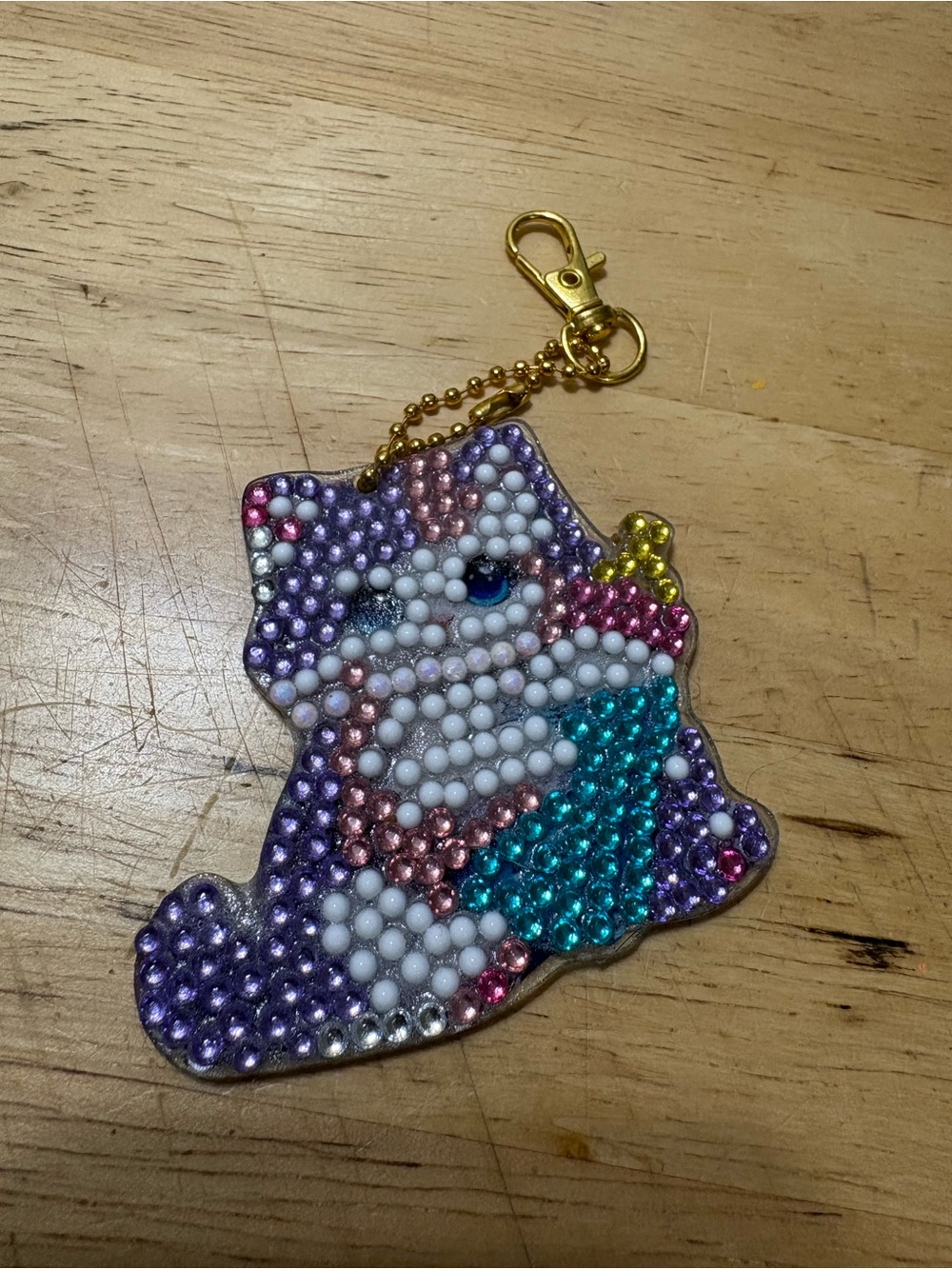 Handmade Beaded Cat Keychain Charm - Purple, White, Teal - Picture 2 of 2